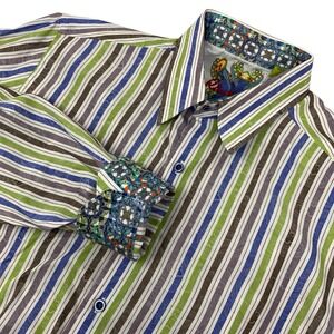 Robert Graham Striped Paisley Flip Cuff Long Sleeve Button Down Shirt Mens Large